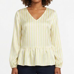 Nine West Yellow White Striped V-Neck Peplum Blouse Long Sleeve Size L